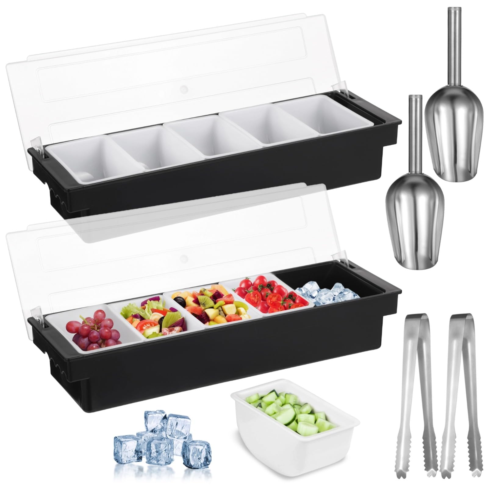 yeesport 2 Pcs 5-Compartment Condiment Dispensers, Chilled Fruit Veggie Caddies with Lids, Ice Cooled Food Serving Containers, I