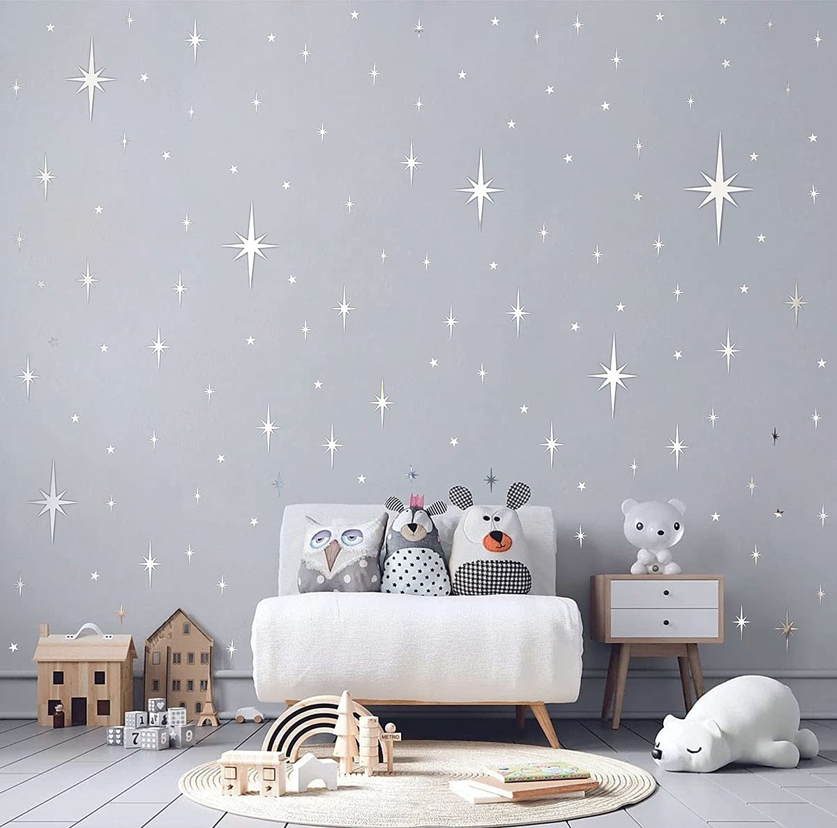Retro Starburst Mirror Wall Decals Silver 3D Acrylic Sparkle Wall Decors Star Wall Stickers Removable Star Decals Bathroom Bedro