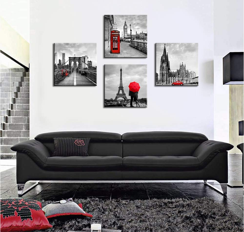 Paris Wall Art Bathroom Decor Red And Black Cityscape Canvas Pictures Bedroom Eiffel Tower Wall Decor For Living Room Kitchen Ar