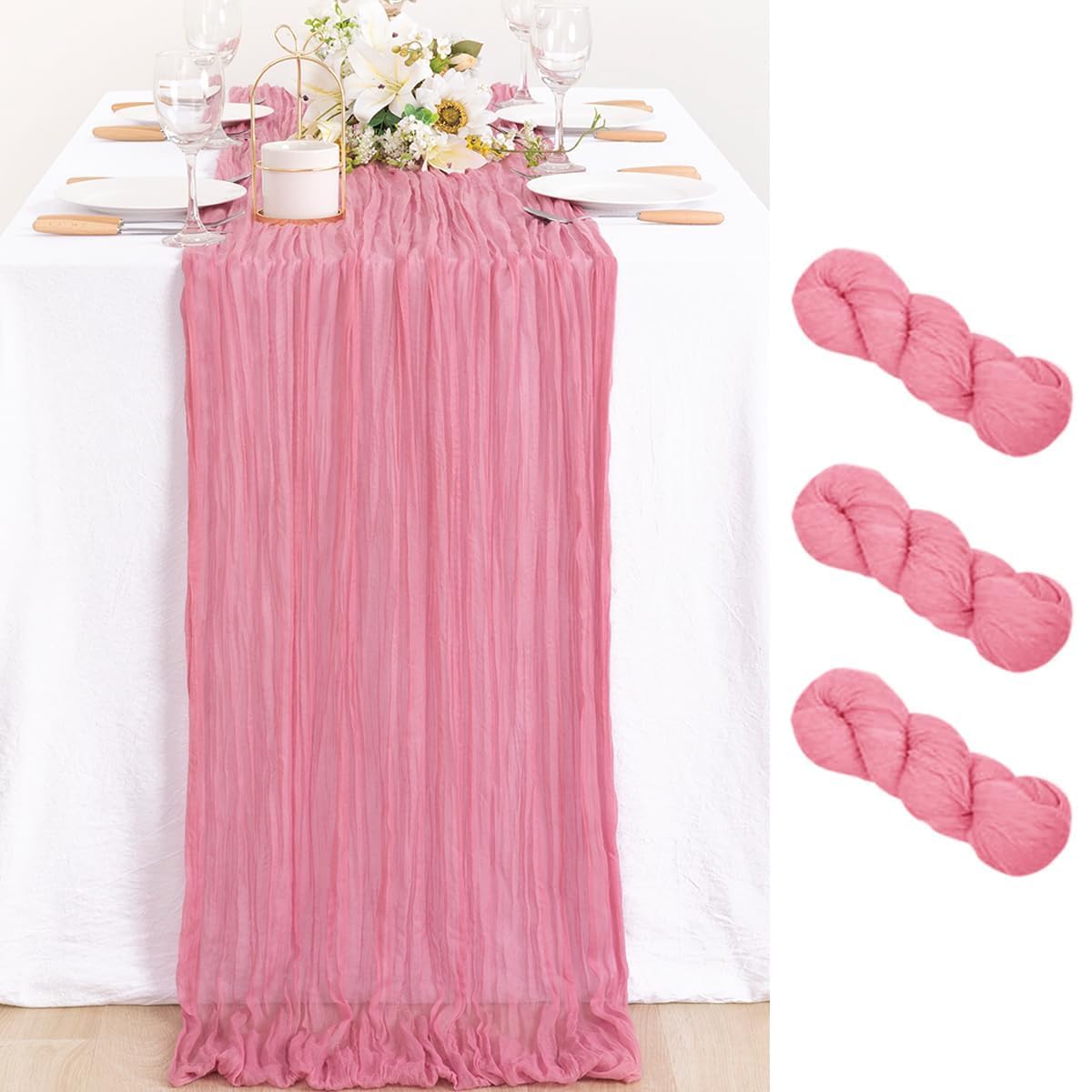 MLMC 3 Pack Mauve Pink Table Runner 10ft Sheer Gauze Spring Cheesecloth Valentines Table Runner Bulk Rustic Cheese Cloth Decor 3
