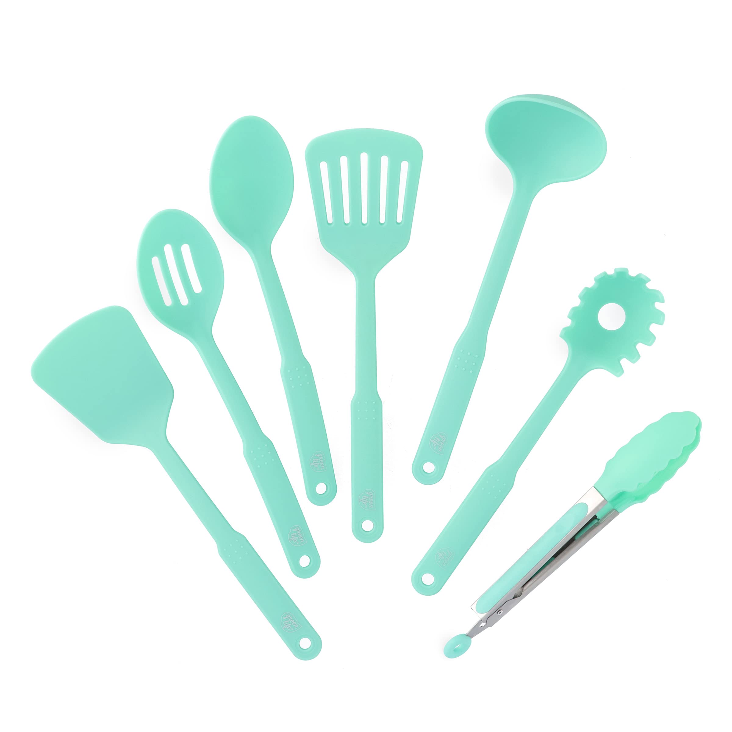 Greenlife Cooking Tools And Utensils, 7 Piece Nylon Set Including Spatulas Turner Spoons And Tongs, Dishwasher Safe, Turquoise