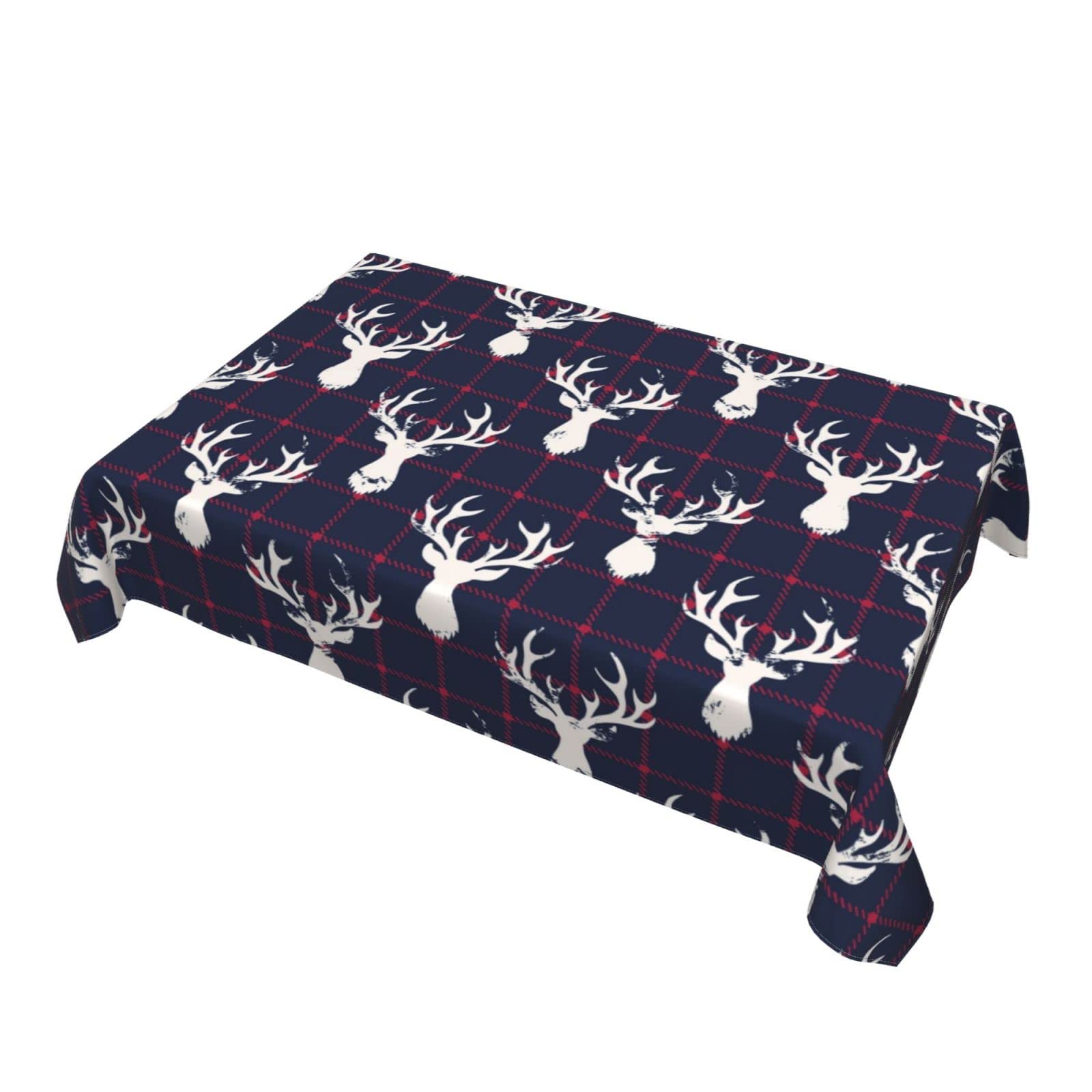 Cukemip Farmhouse Table Cloth Moose Deer Navy Blue Plaid Tablecloth For Dinning Room Kitchen Birthday Party Outdoor Decorations