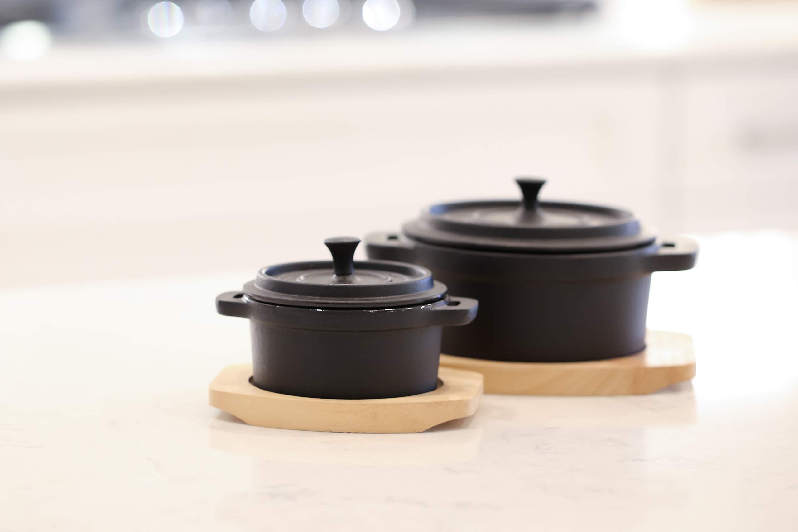 Frieling Cast Iron Mini Cocotte/Dutch Oven With Enamel Interior And Wood Trivet, 1.9 Cup, Black