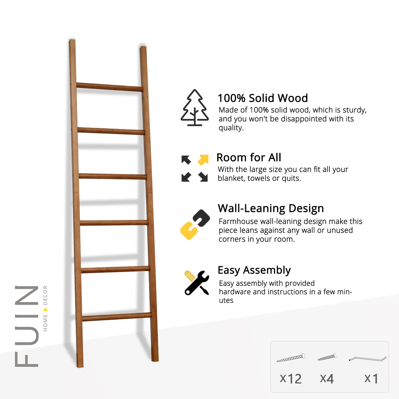 Fuin 6Ft Wooden Natural Blanket Ladder Living Room Decorative Wall Leaning Farmhouse Quilt Display Holder Rustic Wood Towel Rack