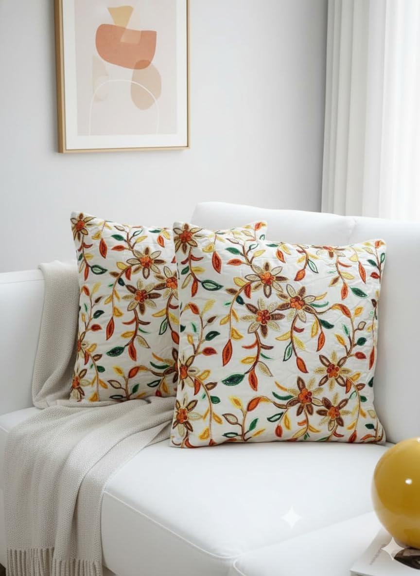 Casa-Nest Cotton Embroidery Set Of 5 Pc Cushion Cover, Decorative Cushion Cover