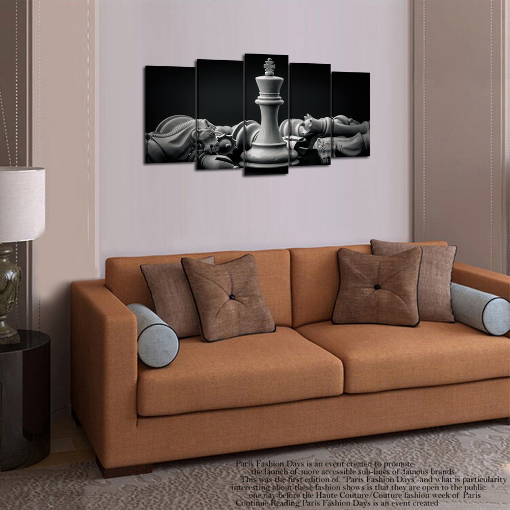 Kreative Arts - Blak and White King and Knight of Chess Setup on Canvas Wall Art Paintings 5 Pieces Pictures Prints Poster Art Artworks for For Living Room Wall Decor (Medium Size 40x24inch)