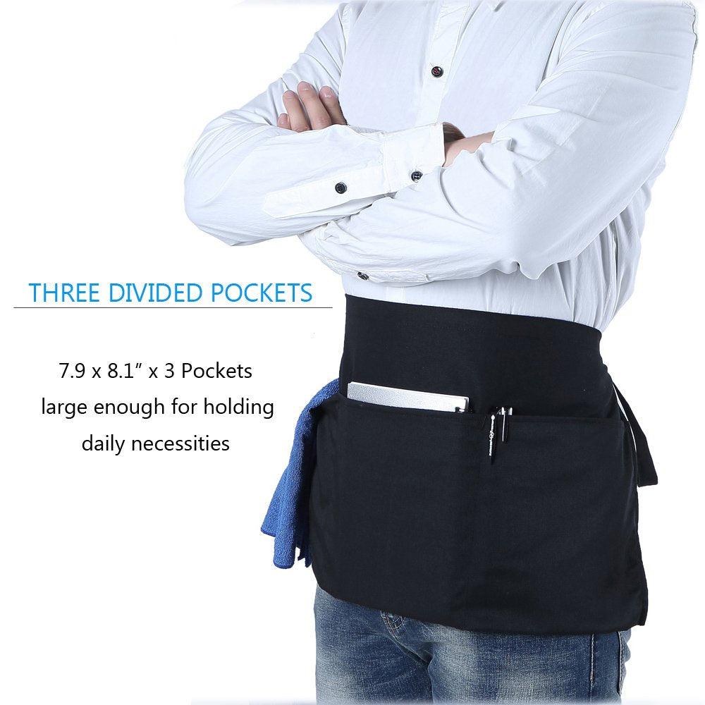 BOHARERS 50 Pack Waist Apron with 3 Pockets - Black Waitress Server Short Apron