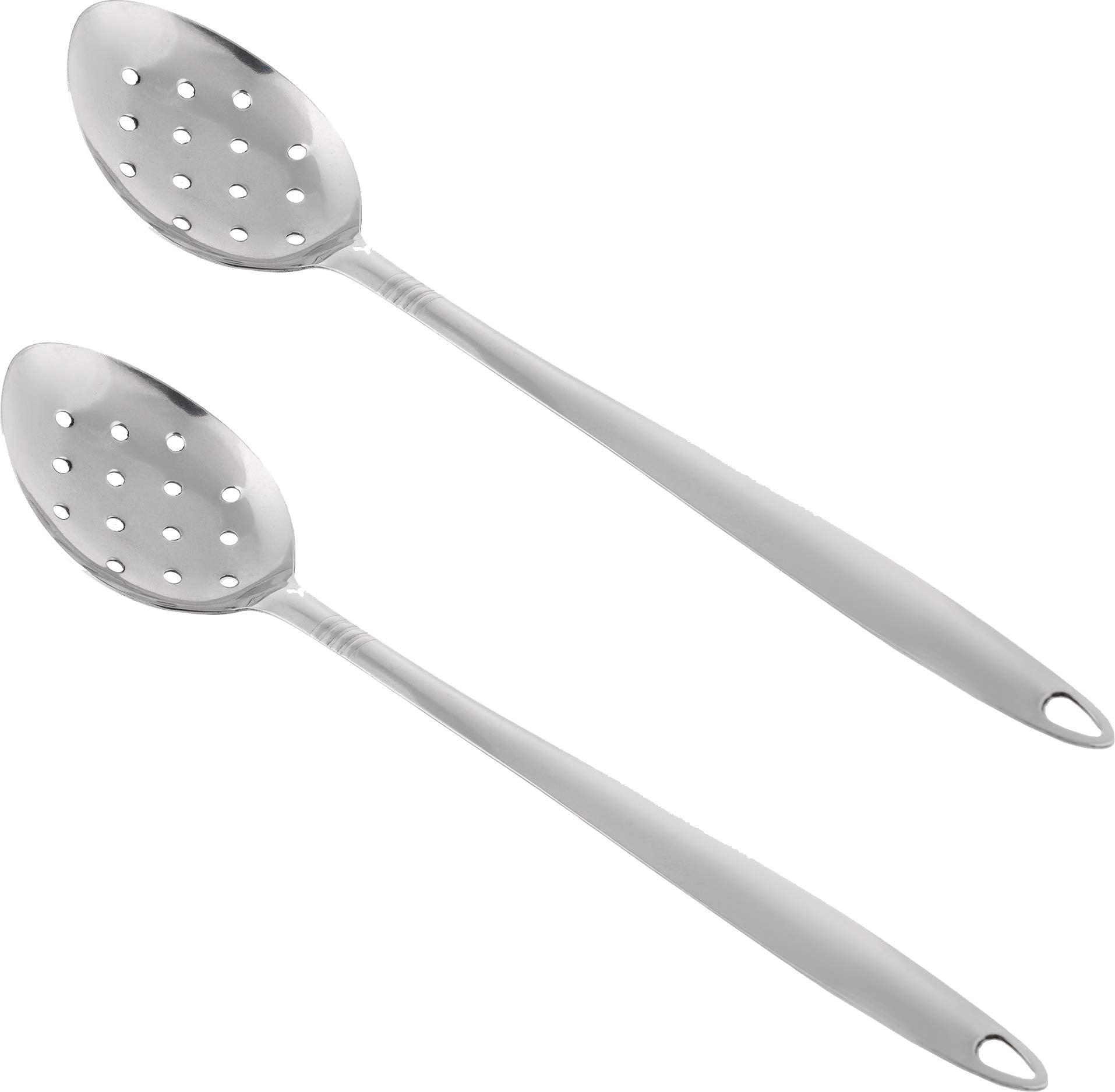 Large Metal Cooking Spoon With Holes- Pack Of 2 - Stainless Steel Slotted Serving Spoon - Perforated Metal Spoon With Long Handl