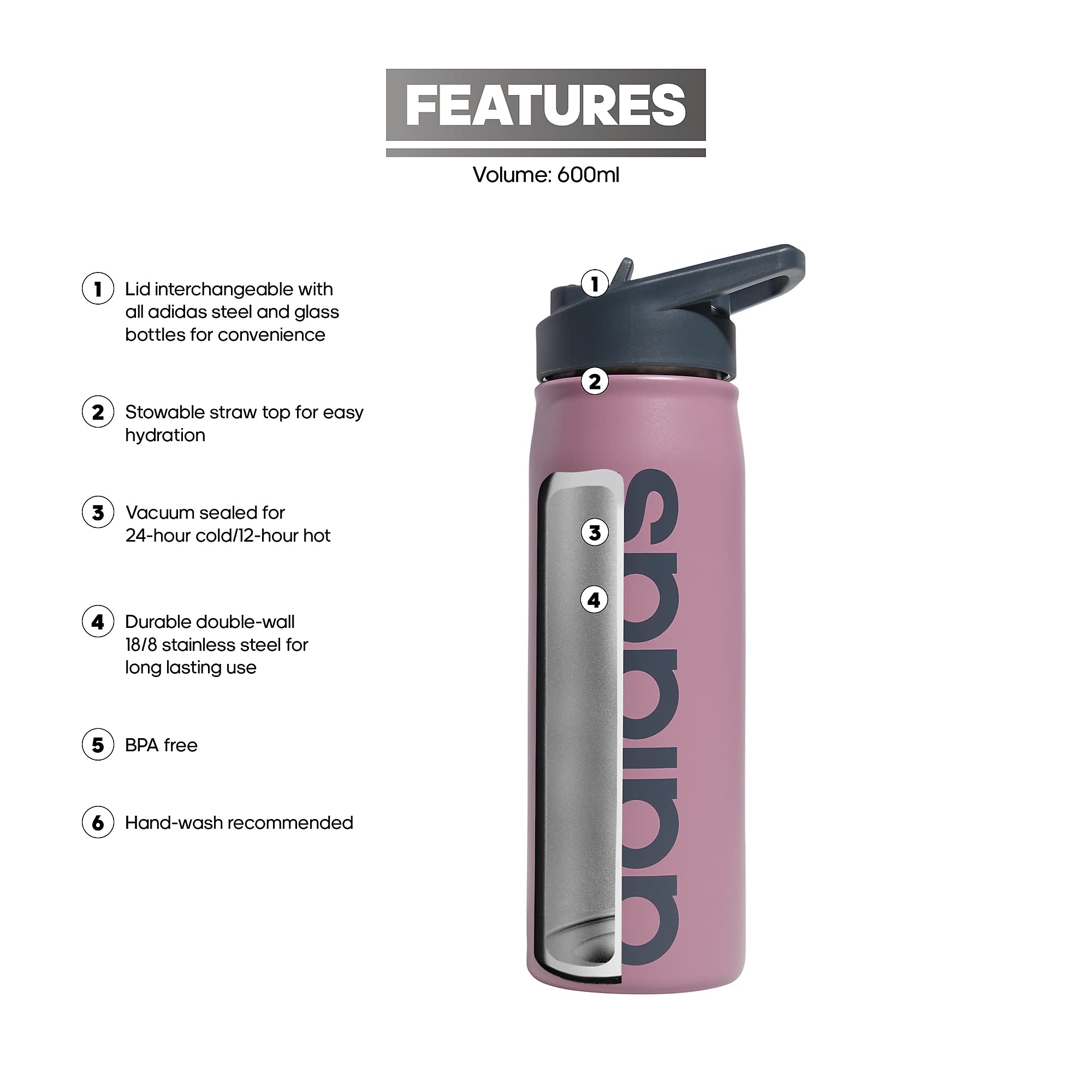 Adidas 600 Ml (20 Oz) Straw Top Metal Water Bottle, Hot/Cold Double-Walled Insulated 18/8 Stainless Steel, Wonder Orchid Purple/