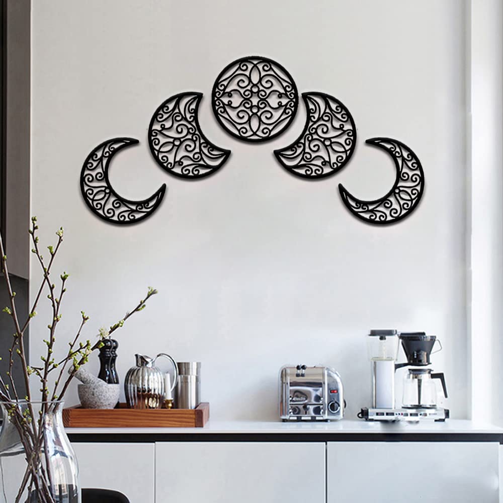 Moon Wall Decoration  Moon Phase Wall Art Decoration Hanging (5 Pieces) Nordic Wood Moon Appearance Natural Design Moon Interior  Boho Bedroom Decor Home Wall Decor (Black)