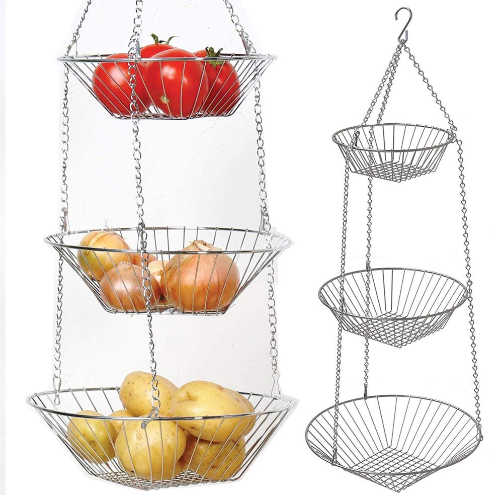 Ipstyle 3 Tier Fruit Tray Basket Vegetable Kitchen Storage Basket Chain Hanging Space Saving Rustic Country Style Chicken Wire F