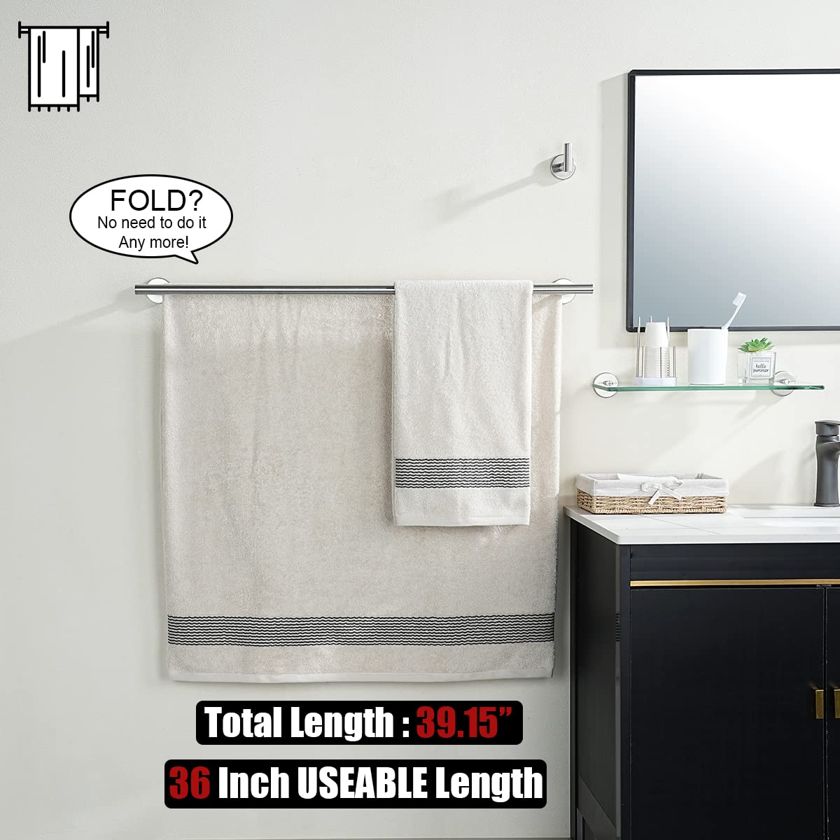 JQK Double Bath Towel Bar  36 Inch 304 Stainless Steel Thicken 1mm Towel Rack for Bathroom  Bath Towel Holder Brushed Wall Mount  Total Length 39.13 Inch  TB100L36-BN