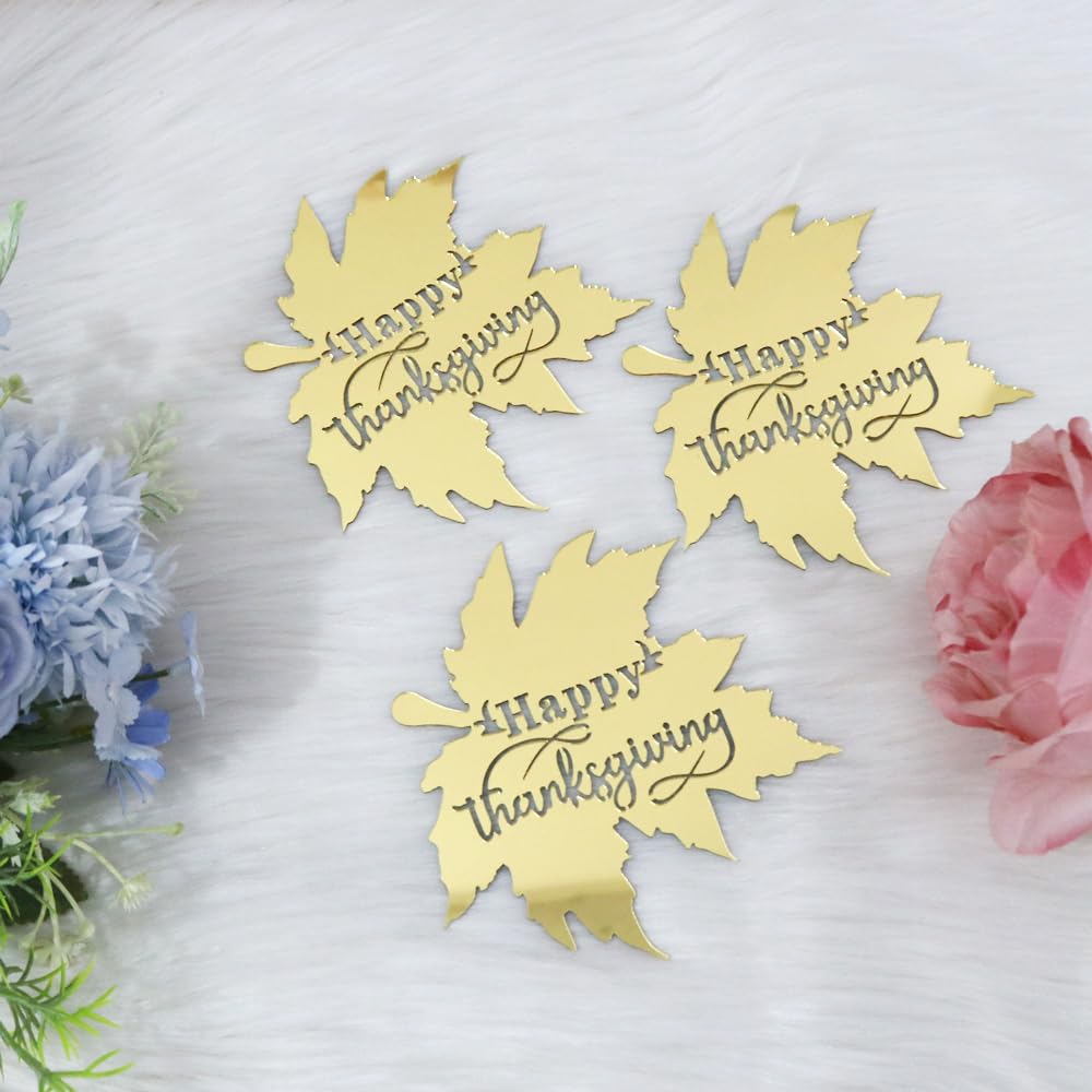 Ruscalin 12pcs Happy Acrylic Thanksgiving Cake Topper Fall Party Decorations Happy Friendsgiving Sign Cake Topper Maple Leaves (