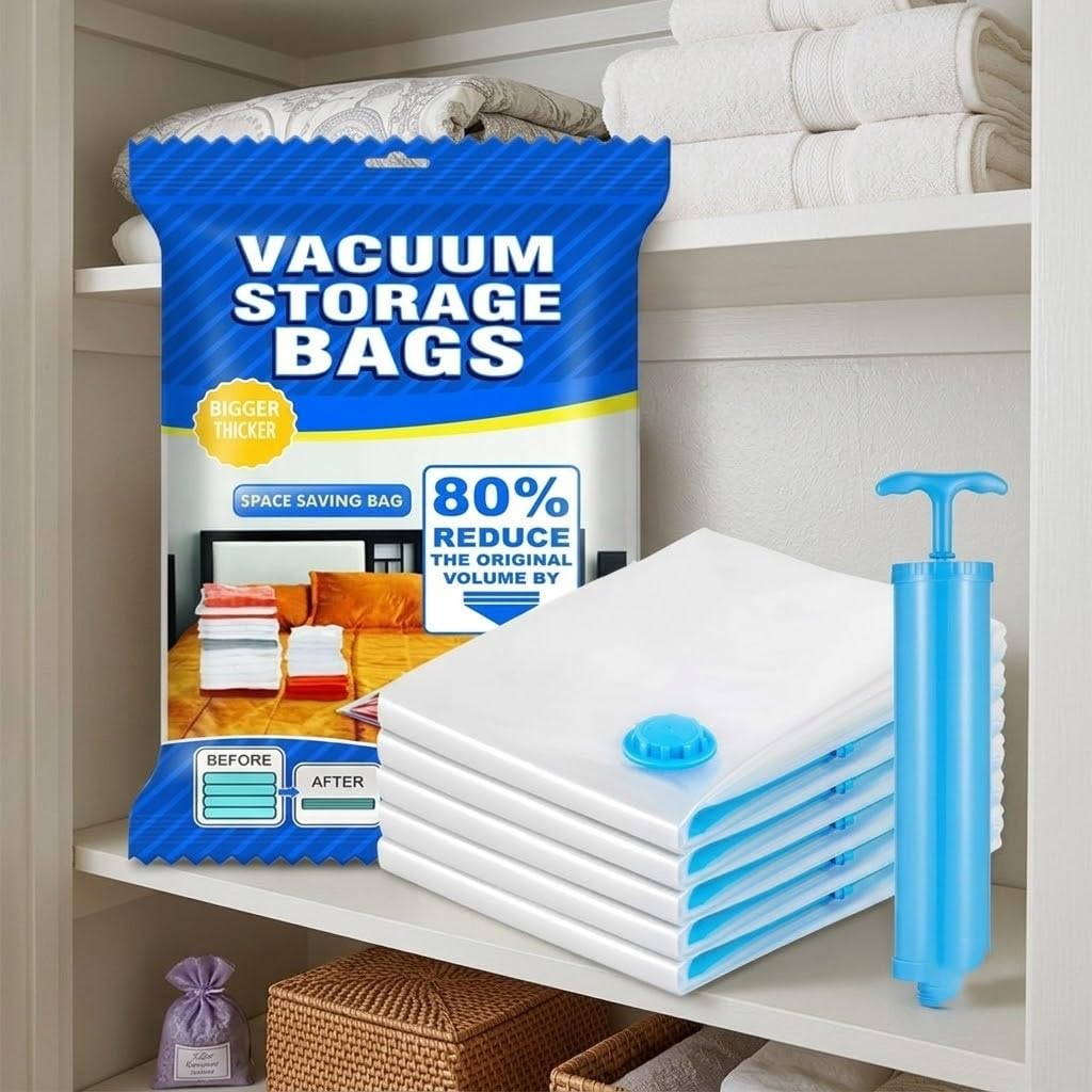 Vacuum Storage Bags, 5Pack, With Manual Hand Pump, Extra Thick, Reusable, Space Saving Compression Bags For Clothes, Blankets, 