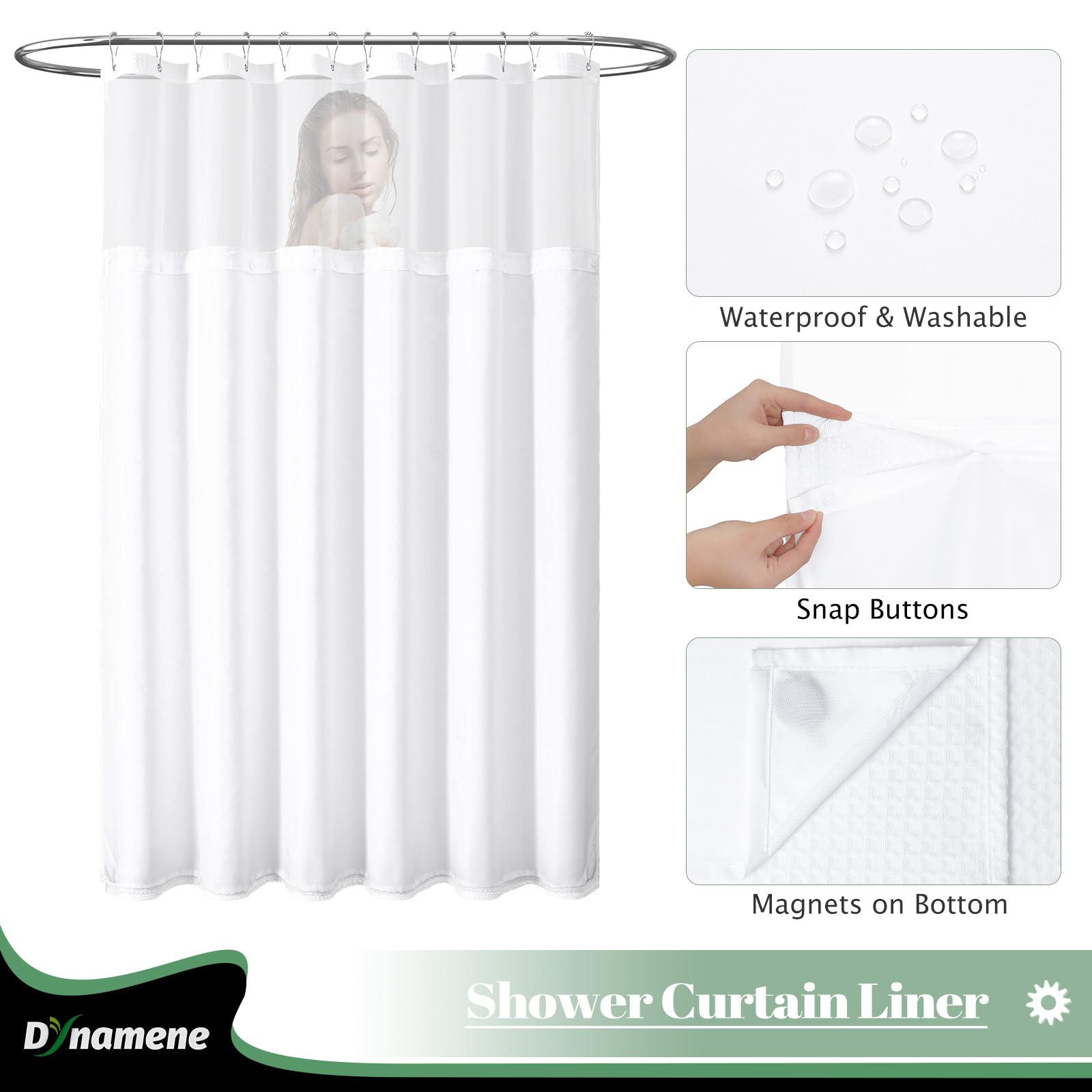 Dynamene Fabric Shower Curtain With Snap In Liner, White Waffle Hotel Shower Curtains For Bathroom, Washable Waterproof Cloth Sh