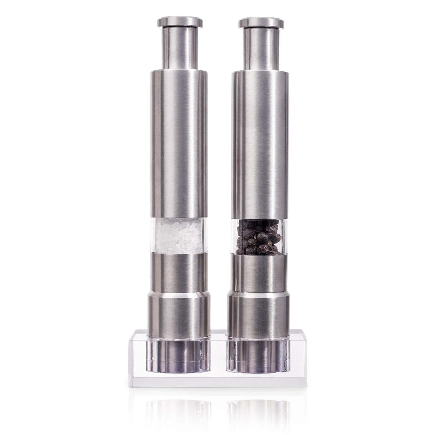 Click n Spice Salt and Pepper Grinder Set, Spice Grinders, Salt and Pepper Mill, Shaker, Thumb Press, Stainless Steel, 2 Pack