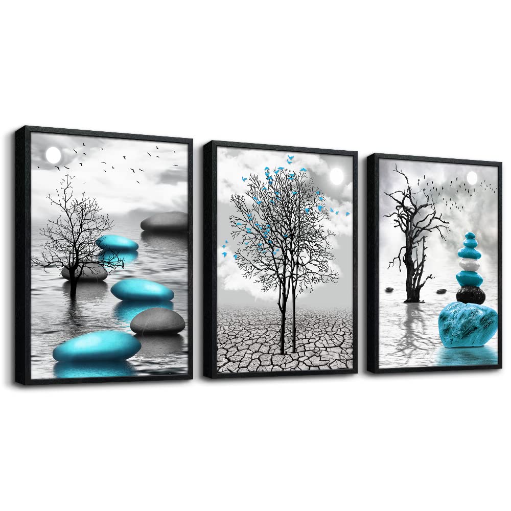 Black Framed Canvas Wall Art For Living Room Wall Decor For Bedroom Blue Abstract Wall Pictures Bathroom Black And White Paintin