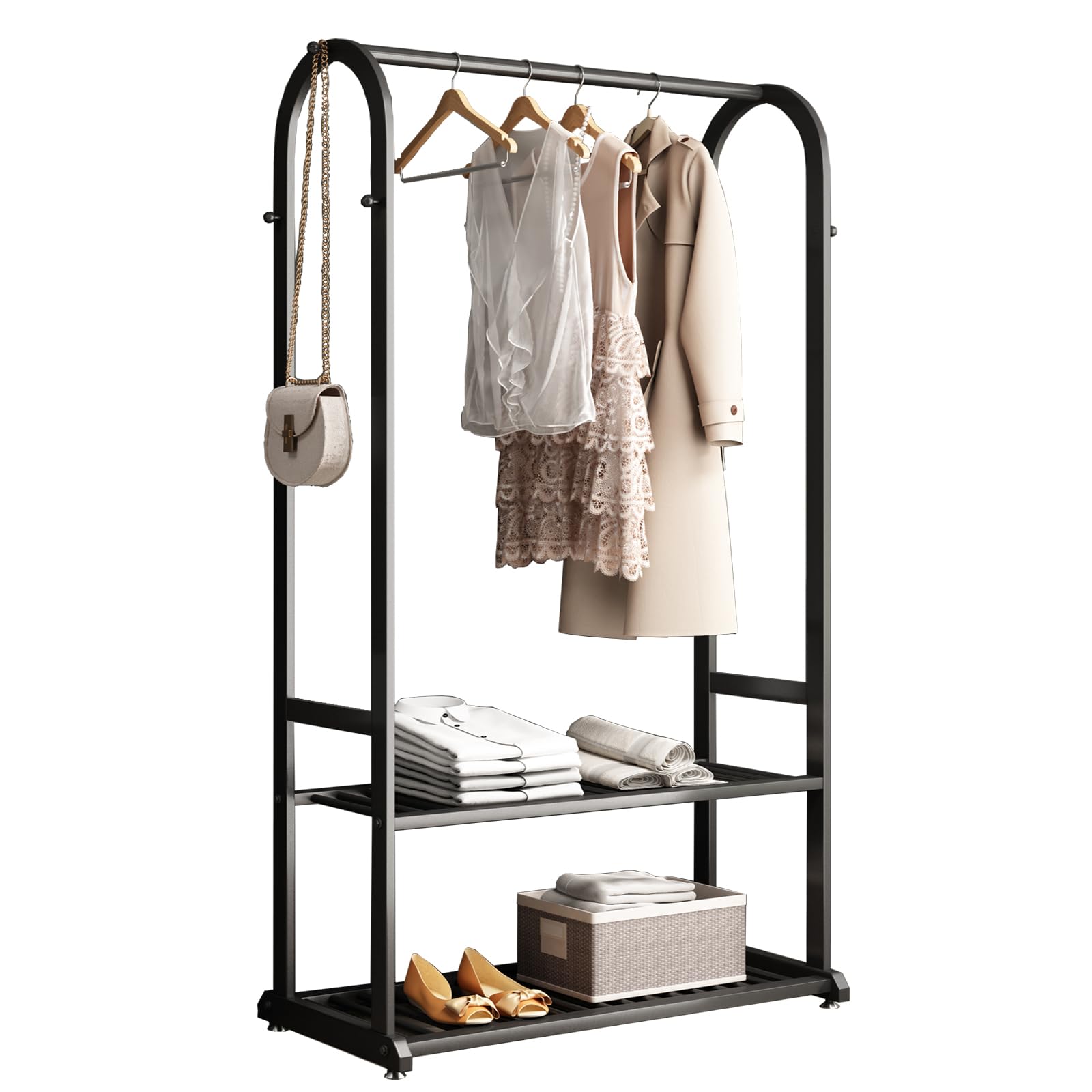 Buzuey Heavy Duty Clothes Rack,Clothing Rack For Hanging Clothes,Black Garment Rack With Bottom Shelves,Rack For Clothes To Hang