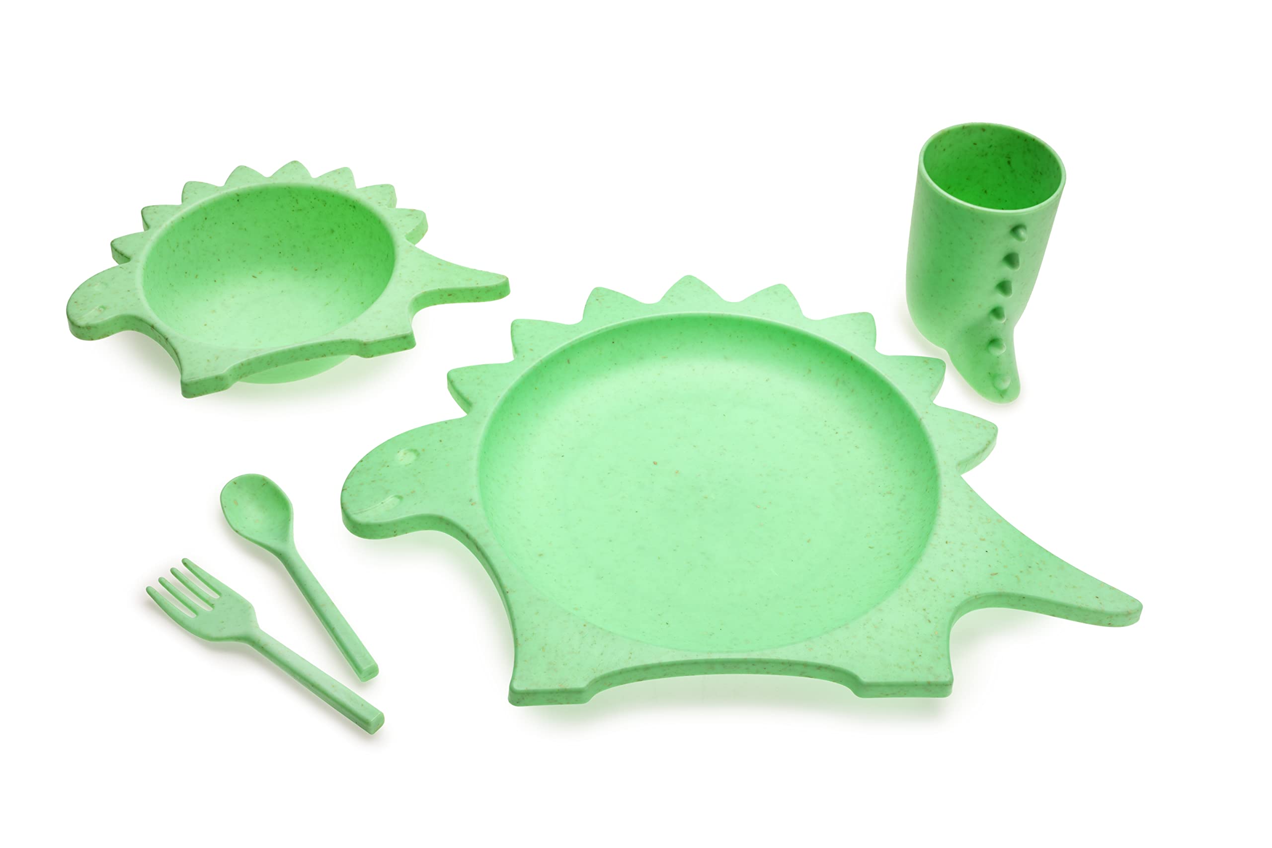 5 Piece Cellulose Feeding Meal Set, Plate, Bowl, Cup, Spoon & Fork - Eco-Friendly, Dishwasher & Microwave Safe (Dinosaur)