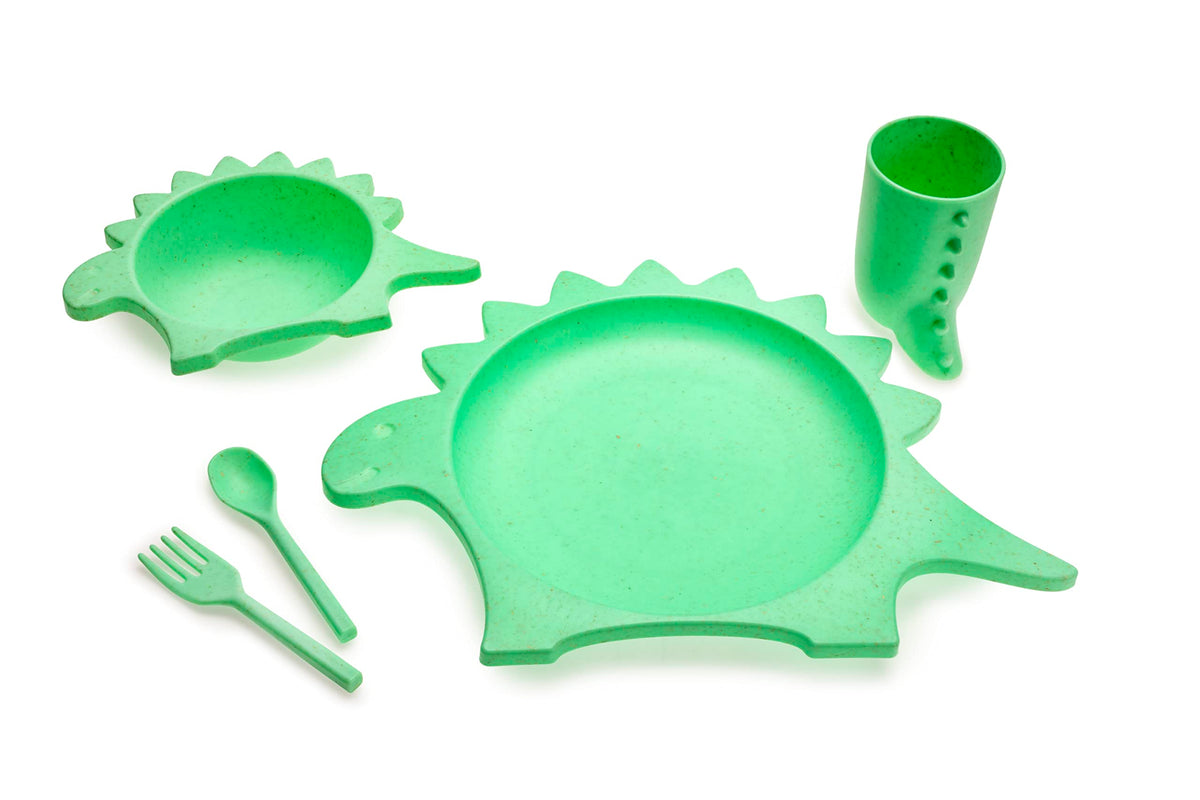 5 Piece Cellulose Feeding Meal Set, Plate, Bowl, Cup, Spoon & Fork - Eco-Friendly, Dishwasher & Microwave Safe (Dinosaur)