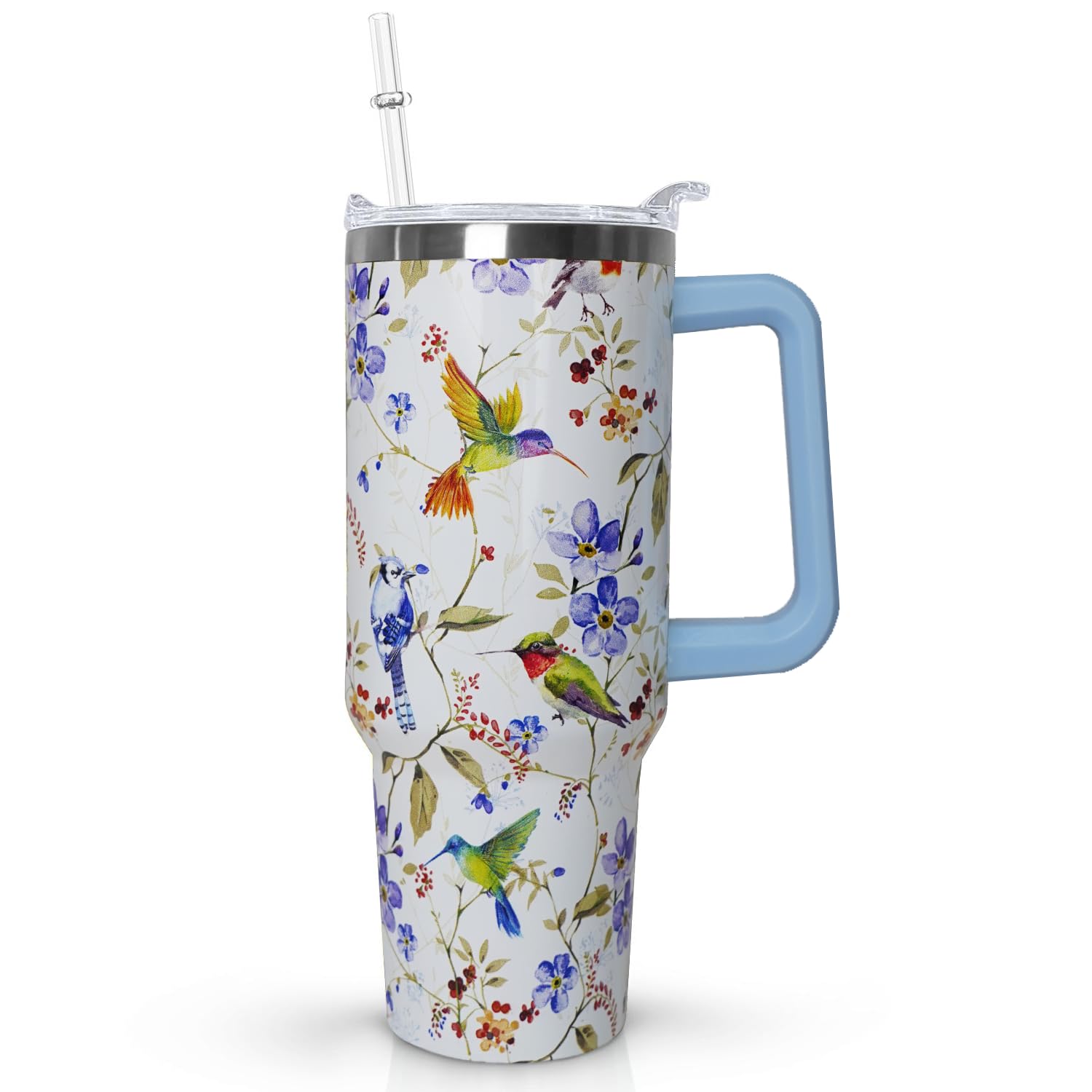 Ceovfoi 40 oz Hummingbird Tumbler with Handle Lid and Straw,Hummingbird Stainless Steel Coffee Tumbler Mug Cup Watter Botter,Bir