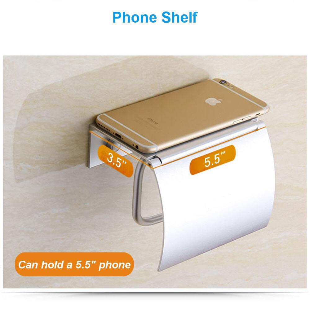 AYADA Wall Mounted Toilet Paper Holder with Phone Shelf, Aluminum, Matte Silver, Rust-Free Design for Bathrooms and Hotels