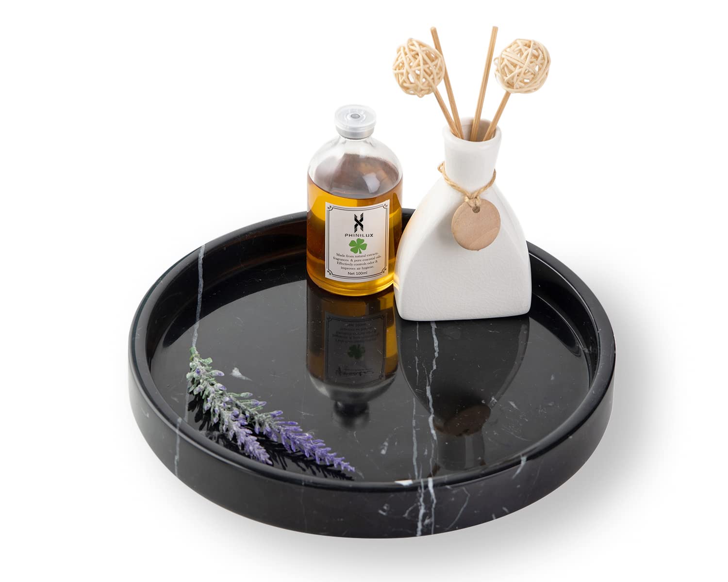 Phinilux Italian 100% Marble Round Vanity Tray 10'', Decorative & Fruit Serving Trays For Bathroom, Kitchen, Nightstand, Jewelry