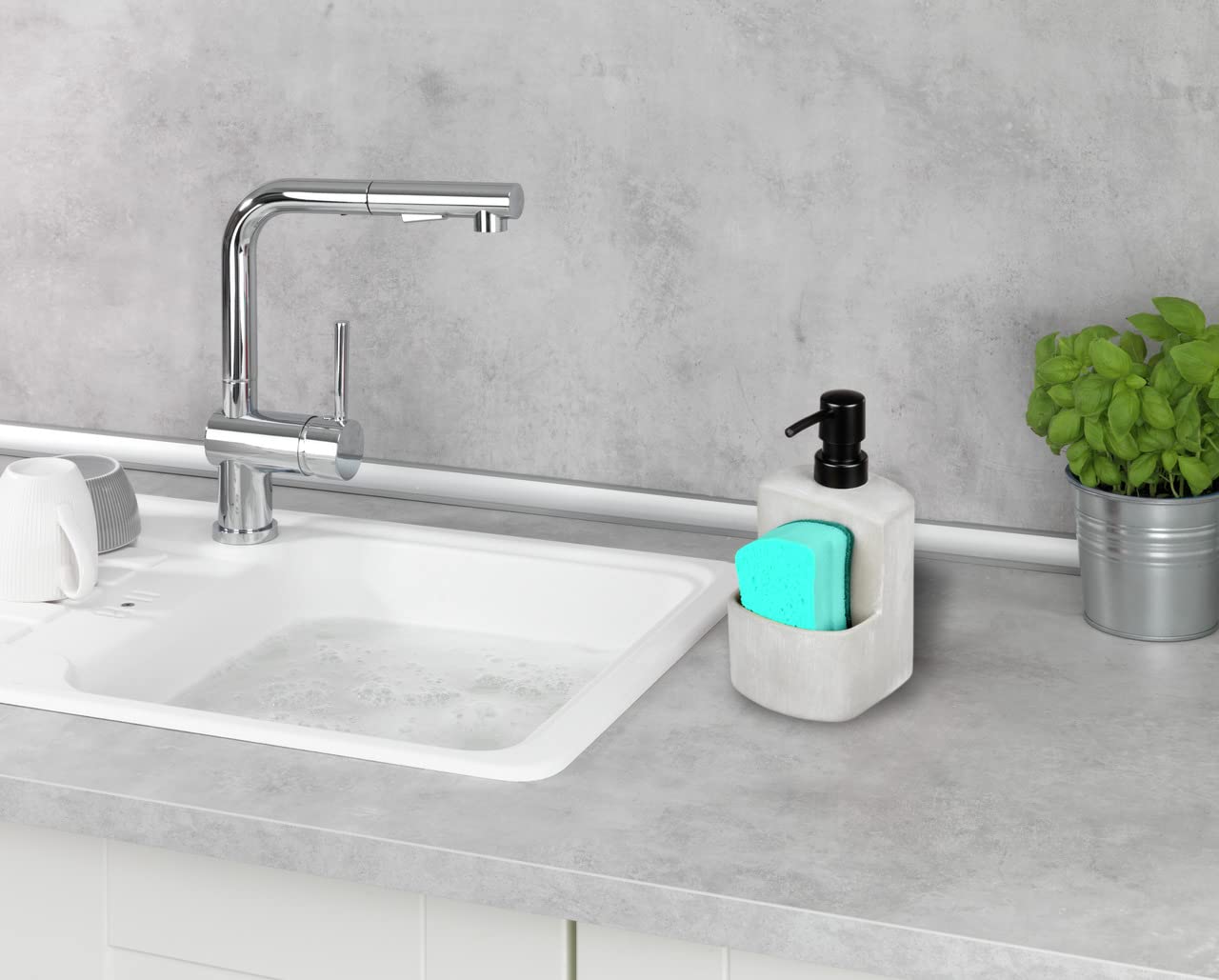Wenko Festival Washing-Up Liquid Dispenser, Refillable Soap Dispenser Made Of Robust Concrete In Grey, Compartment For The Washi
