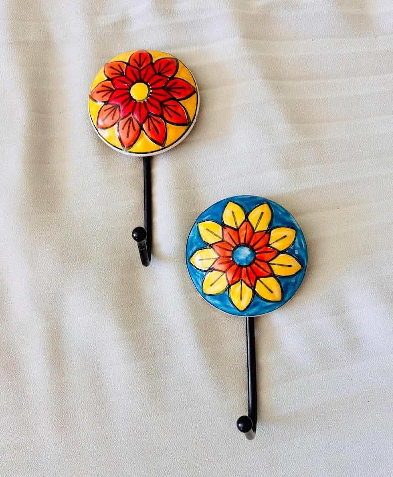 Shopping Shots Set Of 2 Multipurpose Wall Mounted, Hand Painted Ceramic Hooks (Hanger) Round Shape .Perfect For Hanging Keys, Je