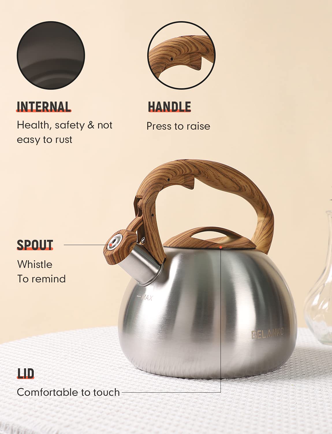 Tea Kettle, Belanko 102 Oz / 3 Liter Whistling Tea Kettle, Tea Pots For Stove Top Food Grade Stainless Steel With Wood Pattern H
