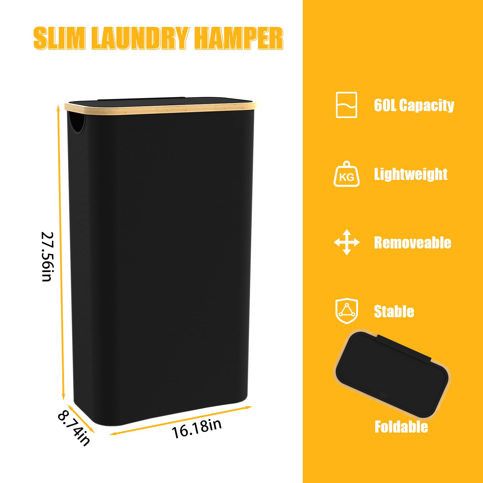 Slim Laundry Hamper With Lid, 60L Laundry Basket With Handles, Skinny Narrow Collapsible Dirty Clothes Hamper With Removable Lau