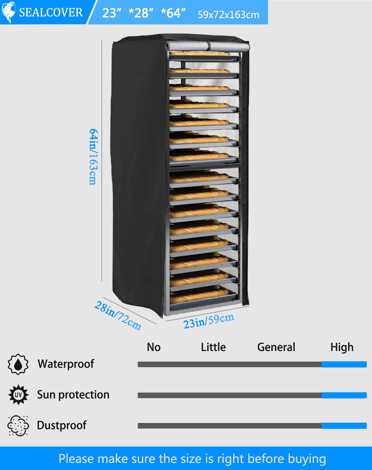 Sealcover Pan Rack Cover, High Density Waterproof And Dustproof Bread Rack Cover, 23''X28''X64'', Bakery Single Rack Covers.