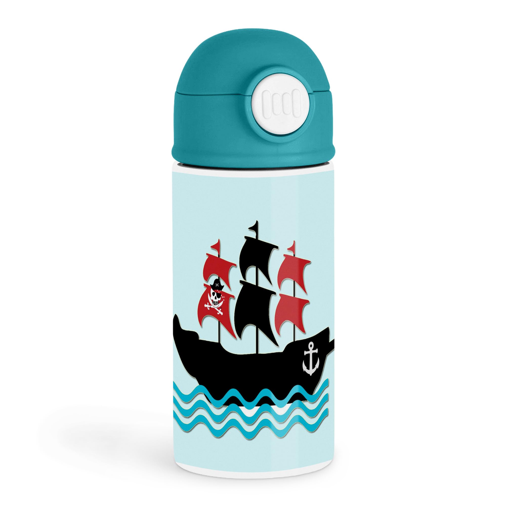 Fun Pirate Lovers 12oz Kids Green Bottle  Colorful pirate ship with black and red sails  School Lunch, Outdoor Play