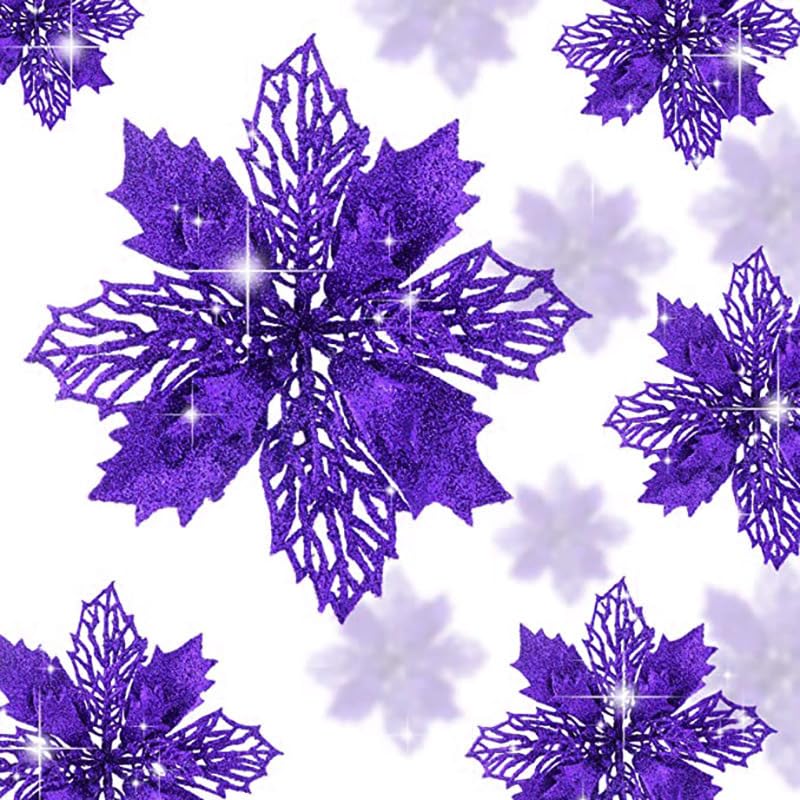 YYCRAFT Glitter Poinsettia Flowers 6 Inch for Christmas Tree Ornaments Christmas Decorations-12pcs,Purple