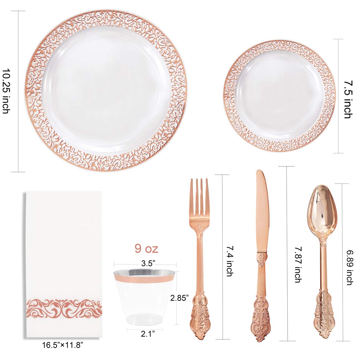 I00000 50 Guests Clear Rose Gold Plastic Plates - Disposable Valentine Plates Includes: 100 Clear Rose Gold Plastic Plates, 150