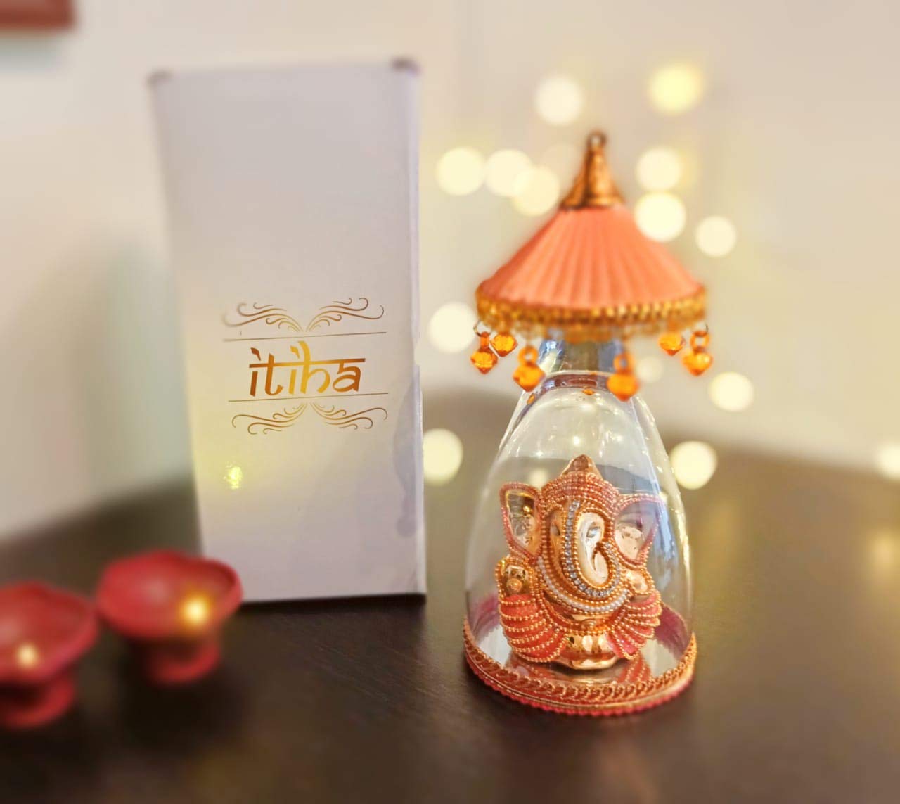 Itiha Glass Umbrella Ganesha Idols For Car Dashboard Or Home Decor, Orange, 7 Inch