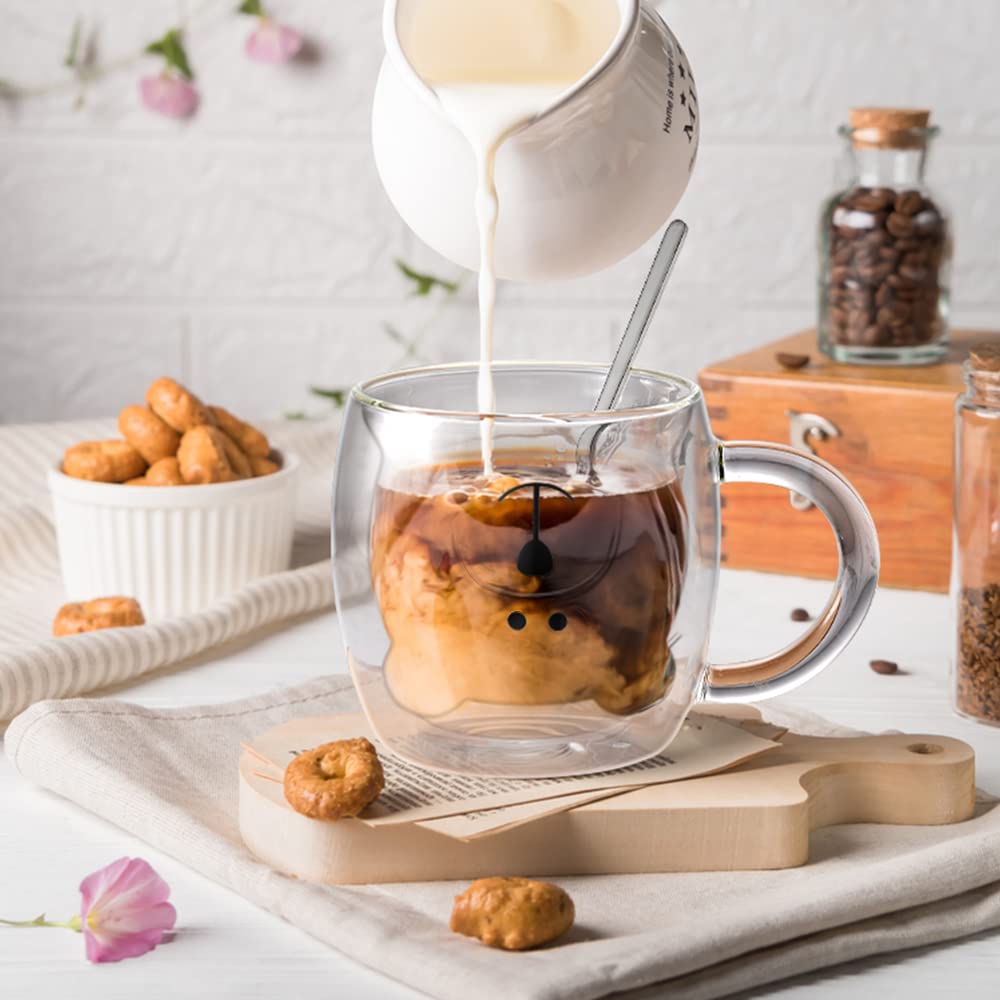 Ecooe Cute Bear Mug Glass Coffee Cup 9.4Oz Double Walled Glass Mug Cappuccino Latte Glass Cup With Handle Spoon, Milk Tea Bear C