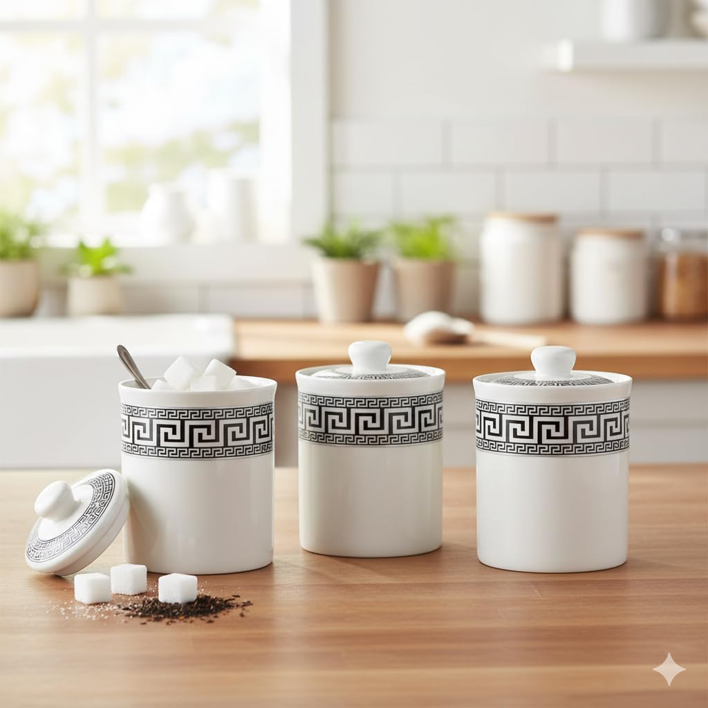 The Better Home Ceramic Jars Set For Kitchen Storage With Ceramic Lids | 700Ml Each-Pack Of 3 | White & Black | Multipurpose Air