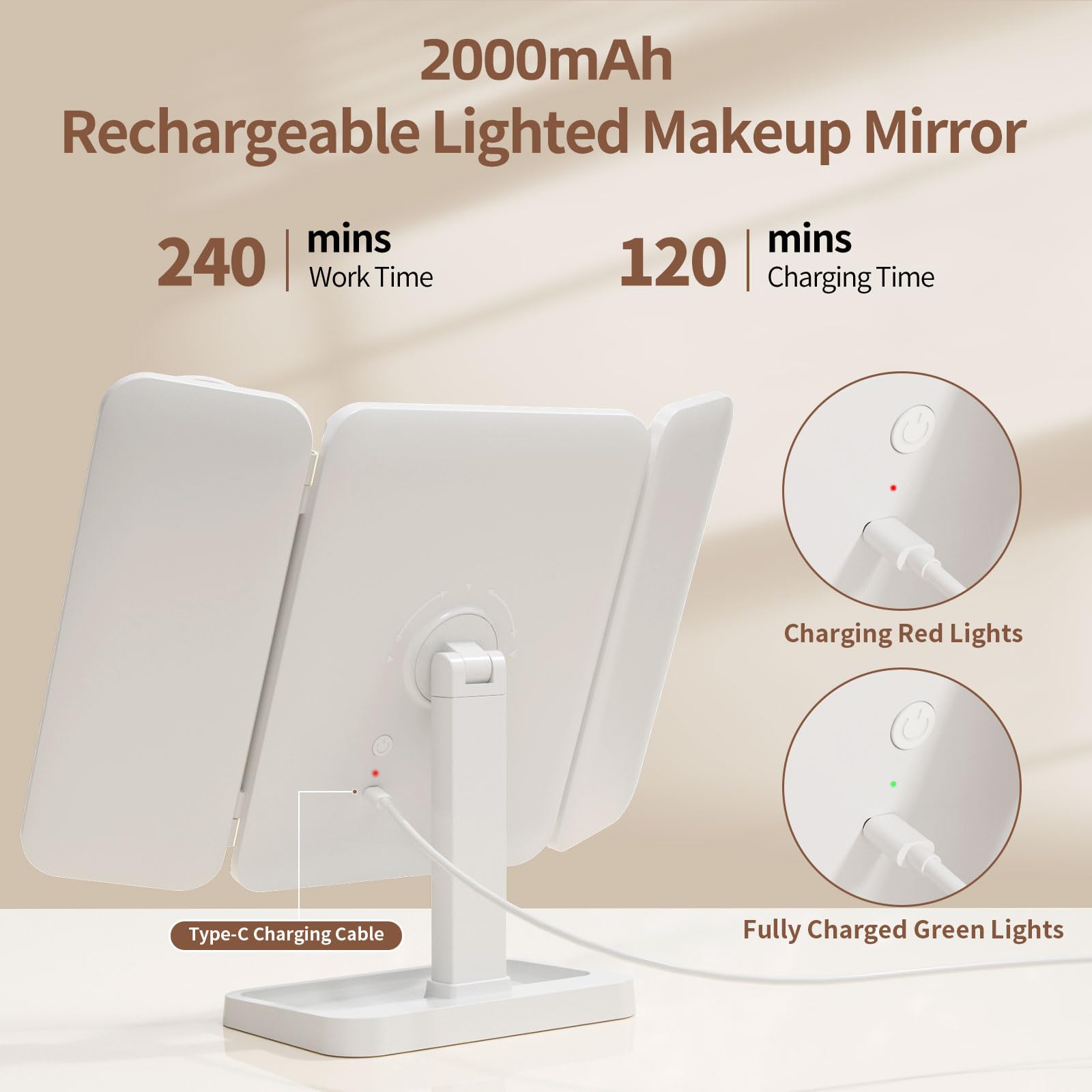 Makeup Mirror With Lights, Rechargeable Lighted Vanity Mirror With 70 Led Lights And 2X 3X 10X Magnification, 3 Color& Adjustabl