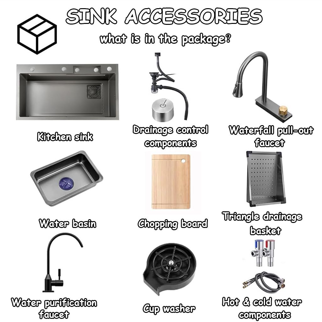 Black 304 Stainless Steel Nano Undermount/Drop In Waterfall Single Bowl Kitchen Sink With Pull-Out Faucet,Knob Control Workstati