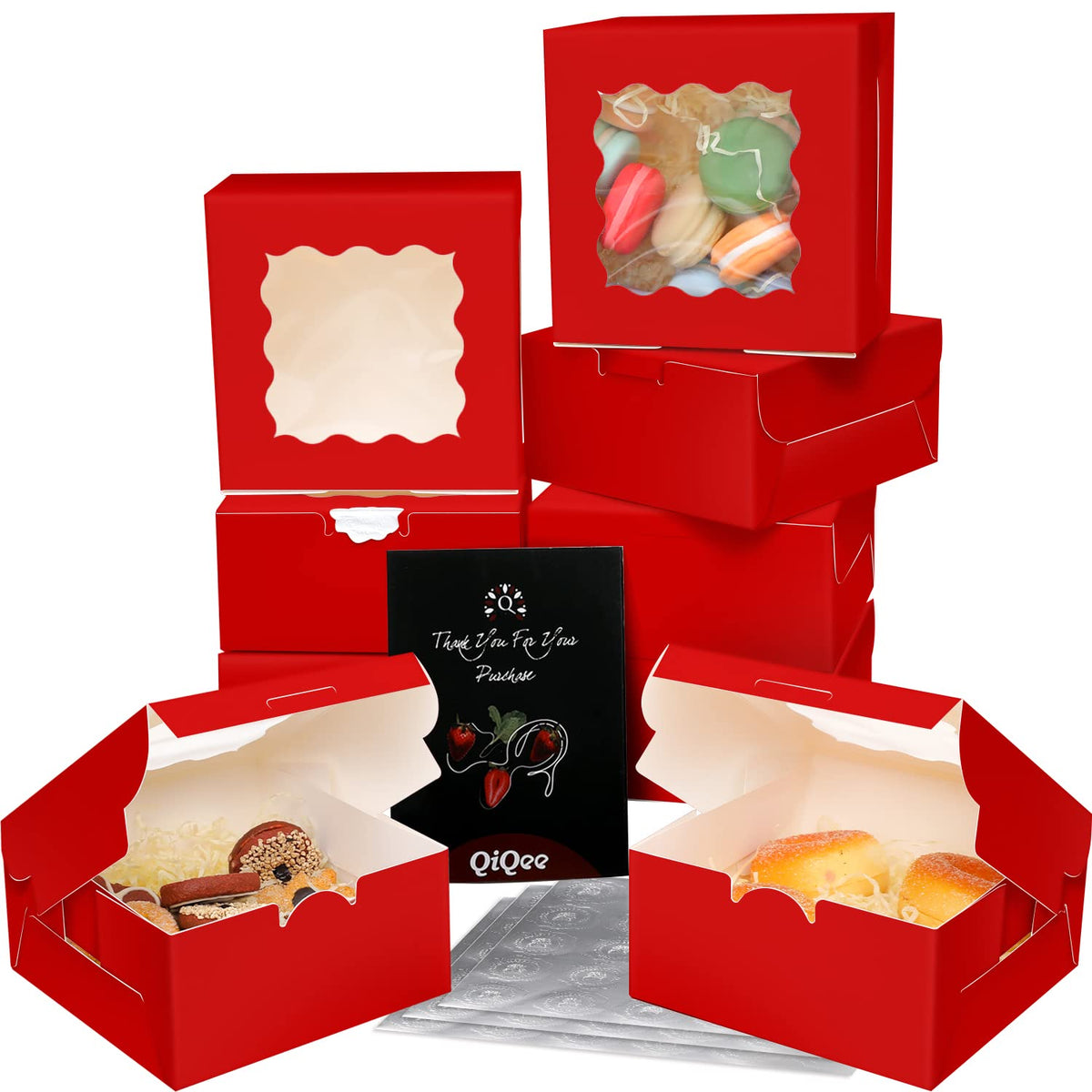 60Pcs Red Bakery Boxes With Window 6X6X3 Inches Thick & Sturdy Macaroon Pastry Boxes Cookie Boxes For Bakery