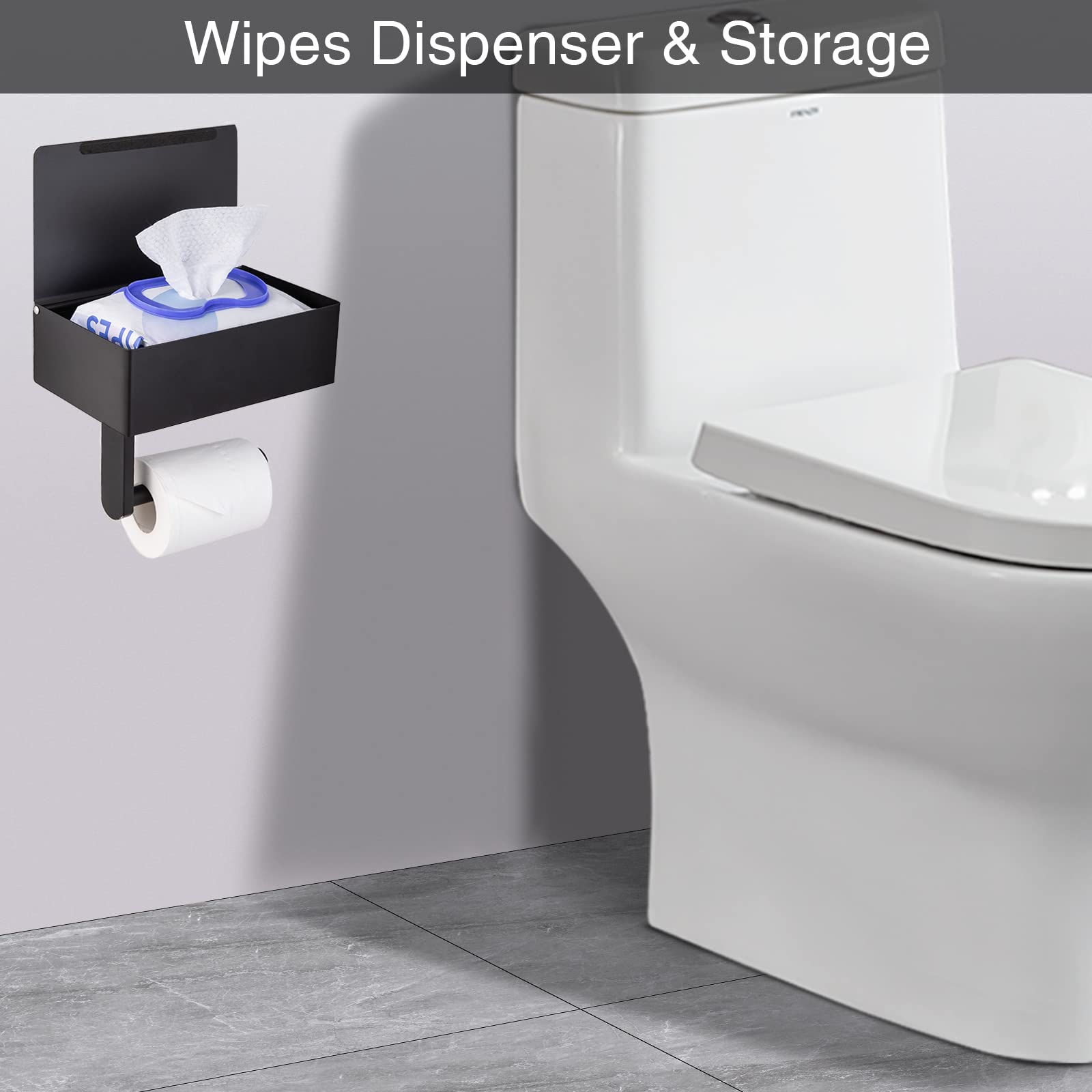 Yrong Adhesive Toilet Paper Holder With Shelf And Storage, Wall Mount Toilet Paper Roll Holder & Flushable Wipes Dispenser Set F
