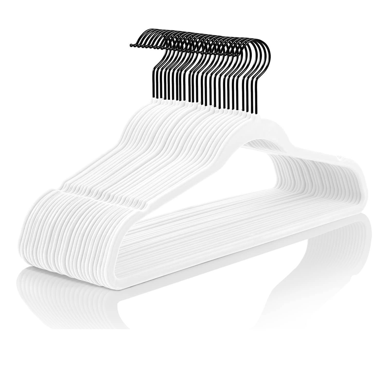 Mizgi Premium Velvet Hangers (50 Pack) Heavy Duty - Non Slip Felt Hangers - White Velvet Suit Hangers - Black Coated Hooks,Space