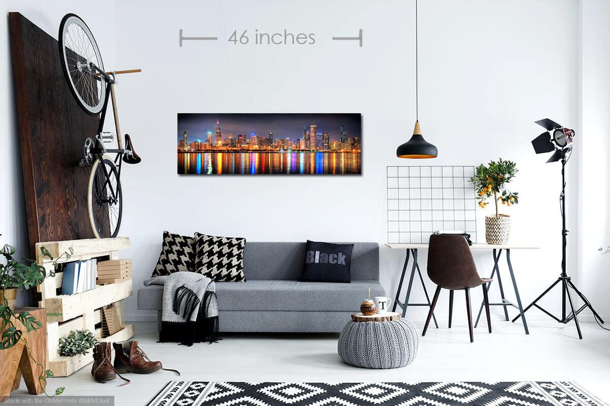 Photosbyjon Canvas Chicago Skyline 2022 Night Color 16 Inches X 46 Inches City Downtown Photographic Panorama Print Photo Pictur