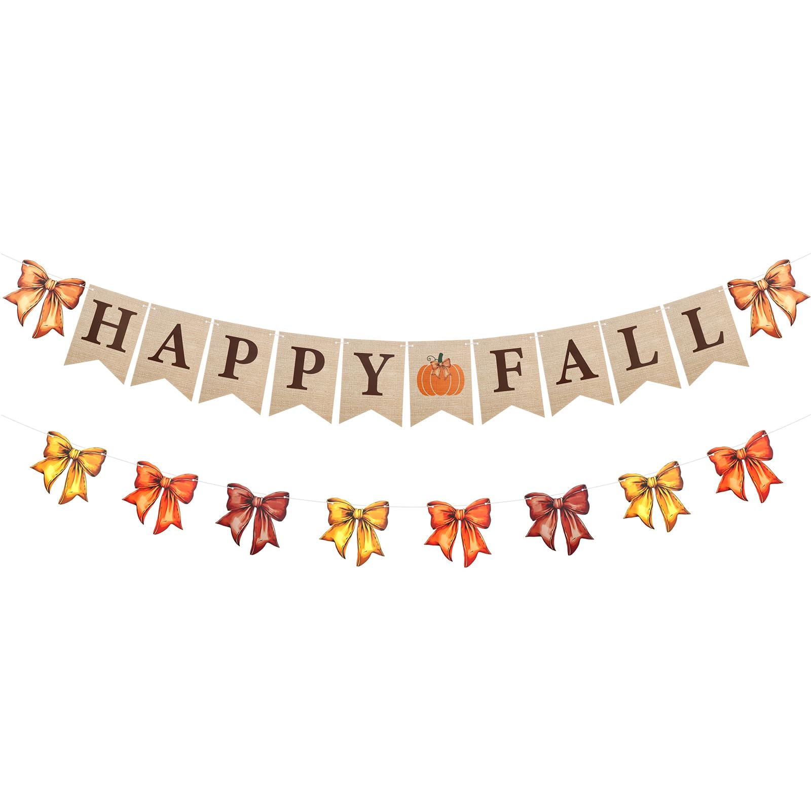 Oudain 2 Pack Happy Fall Burlap Banner with Bows Garland 6.56 ft Fall Banner Decor for Fireplace Autumn Bow Garland Paper Hangin