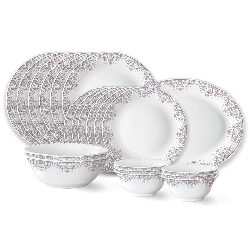 Larah By Borosil Lark Fluted Series Opalware Dinner Set | 21 Pieces For Family Of 6 | Microwave & Dishwasher Safe | BoneAsh Fre
