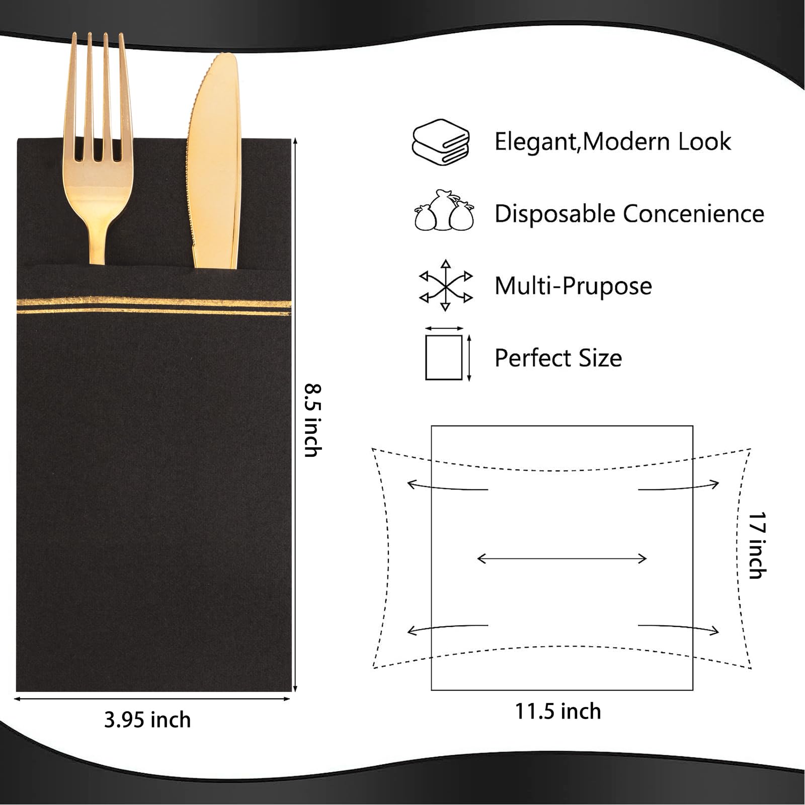 Nervure 100Pcs Black Paper Napkins With Built-In Flatware Pocket - Black And Gold Prefolded Cloth Like Disposable Napkins - Heav