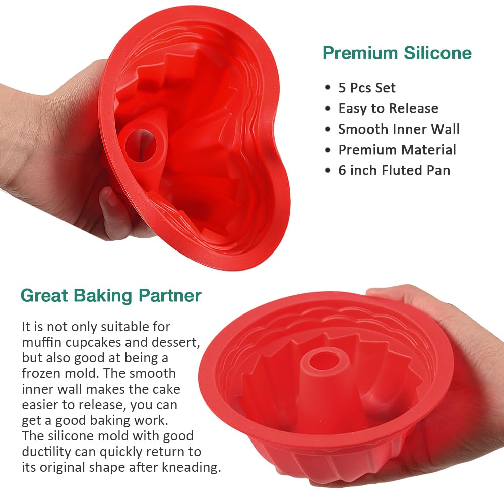 Wisehold Silicone Fluted Cake Pan (5Pc), 6 Inch Diameter, Round Cake Mold, Reusable Silicone Baking Mold Suitable For Making Jel