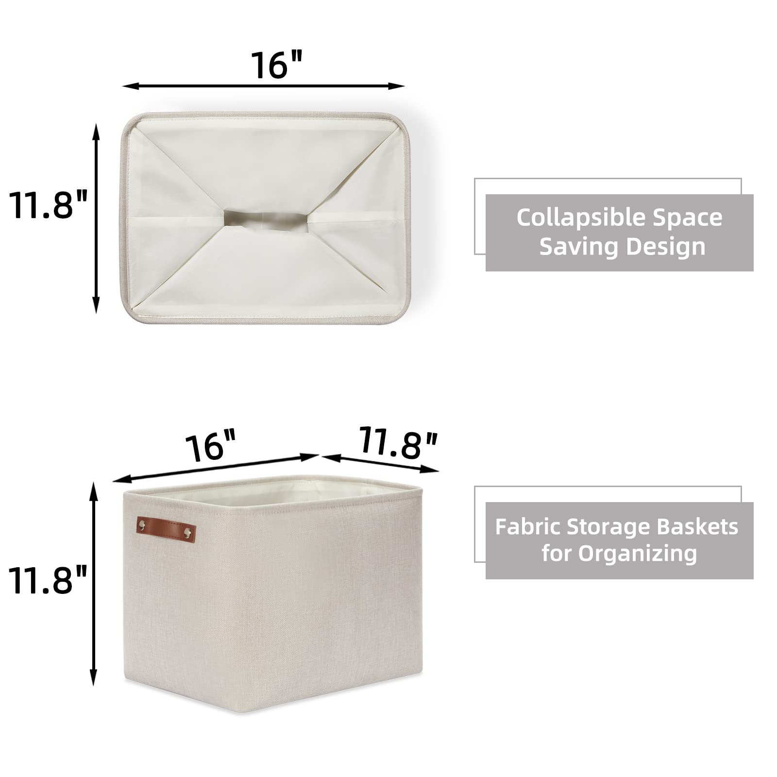 Hnzige Large Canvas Baskets 16 ''  11.8 ''  11.8 '' Decorative Storage Bins With Leather Handles (2 Pack) Collapsible Rectangle