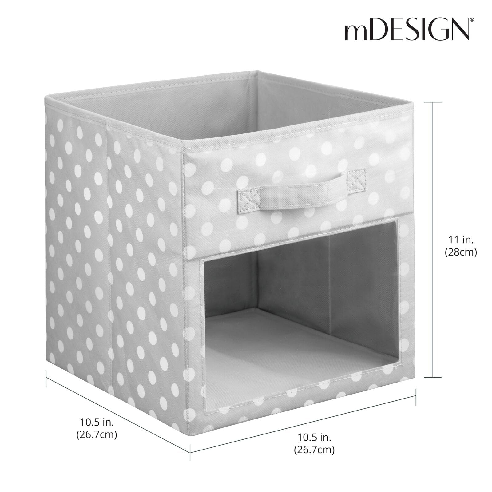 mDesign Fabric Nursery/Playroom Closet Storage Organizer Bin Box  Front Handle/Window for Cube Furniture Shelving Unit  Hold Toys  Clothes  Diapers  Bibs  4 Pack  Gray/White Polka Dot